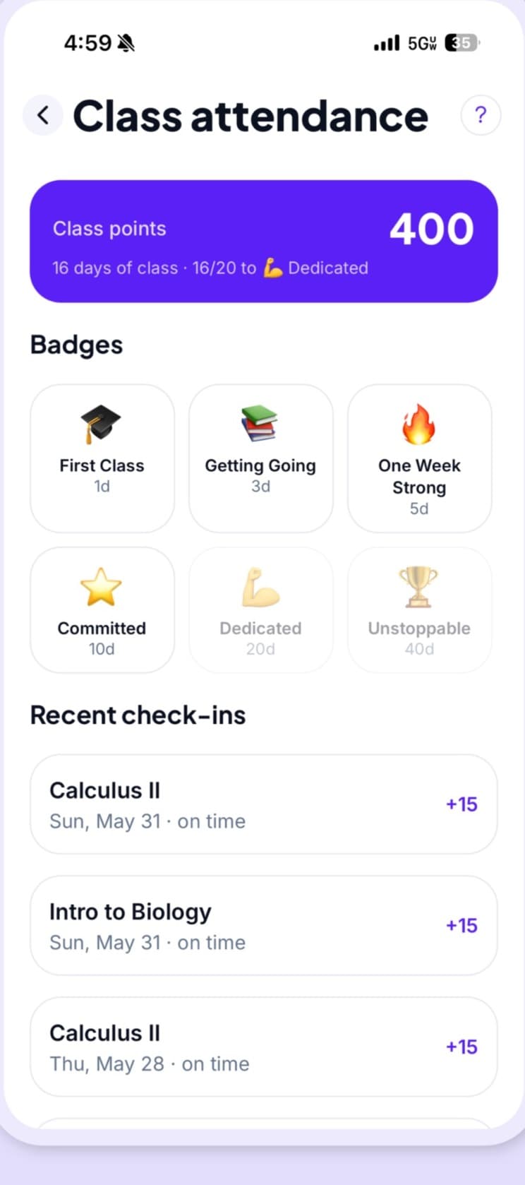 Class attendance screen showing class points, badges and recent check ins